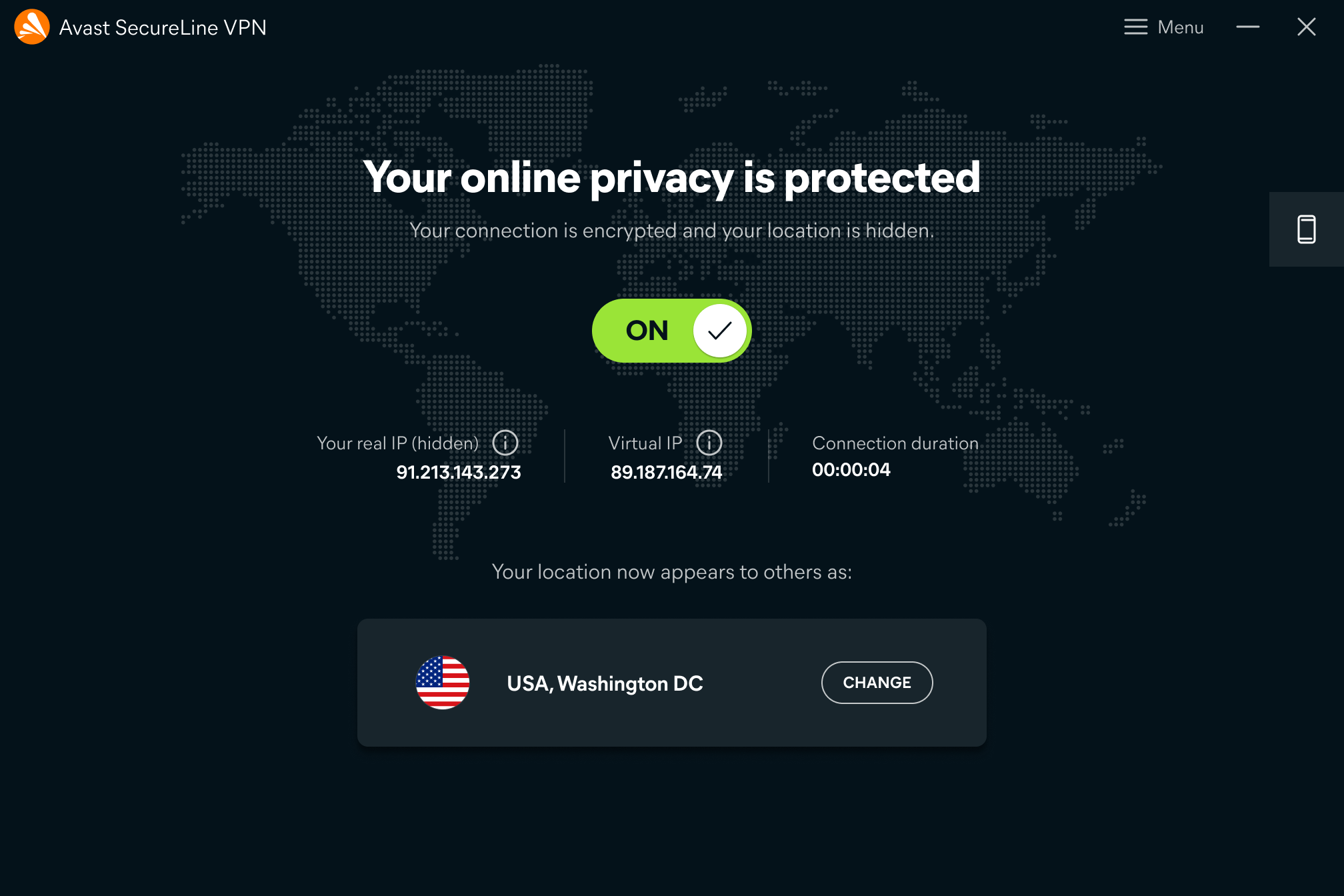Screenshot of Avast SecureLine VPN Dashboard displaying user-friendly control panel in Pakistan.