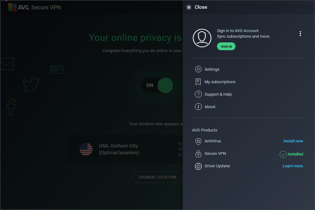 Screenshot of AVG SecureLine VPN menu showing configuration options in Pakistan.