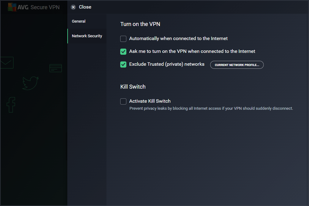 Screenshot of AVG SecureLine VPN network security settings in Pakistan, highlighting the process to enable VPN and Kill Switch.