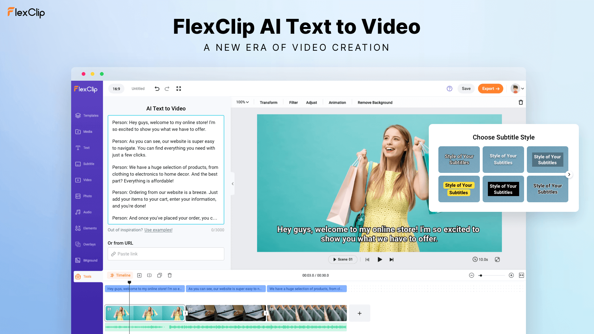 FlexClip AI text to video software screenshot