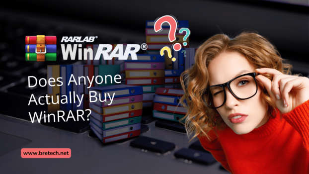 Woman pondering WinRAR purchase surrounded by question marks