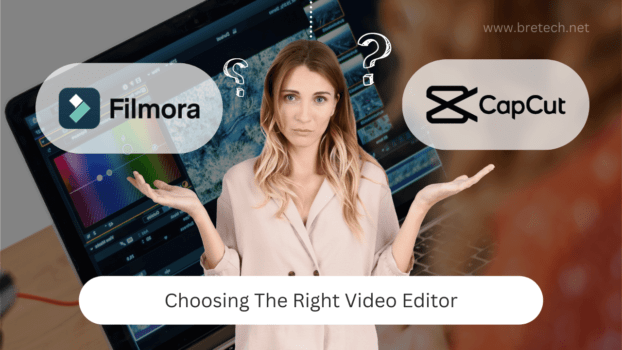 Woman comparing Filmora and CapCut video editing software.
