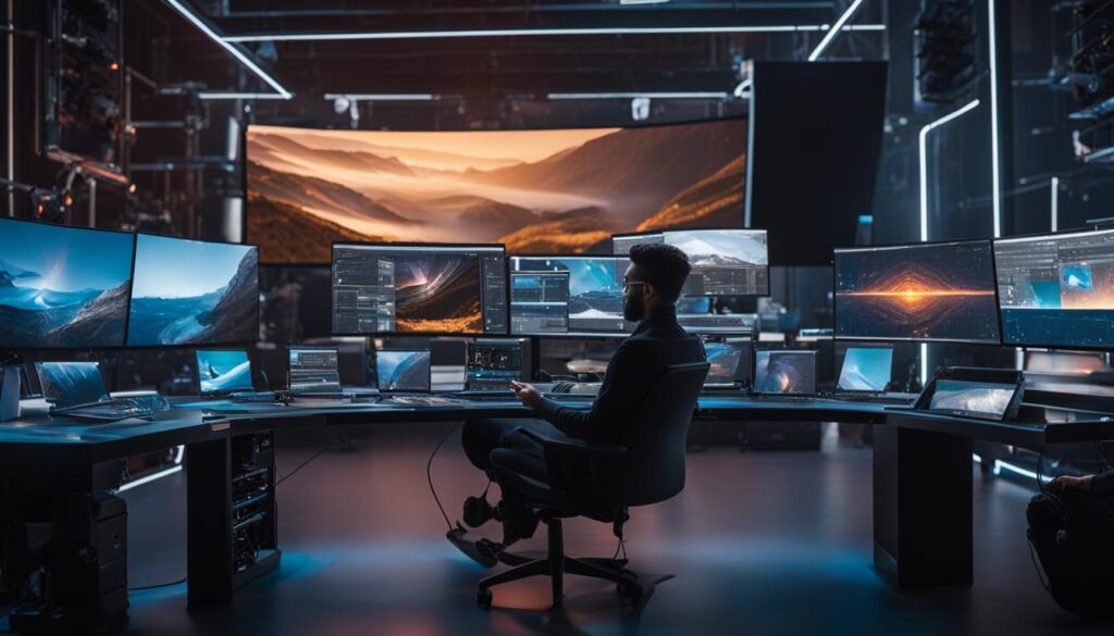 Man in control room with multiple computer screens.