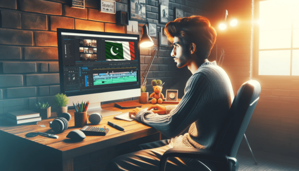 Man editing video on computer in home studio